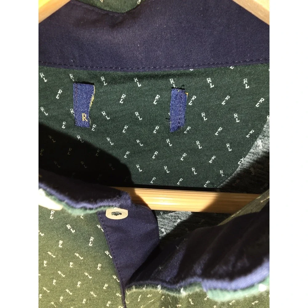 Polo Ralph Lauren Green Navy Blue RL Geometric Polo Shirt Mens Size Large